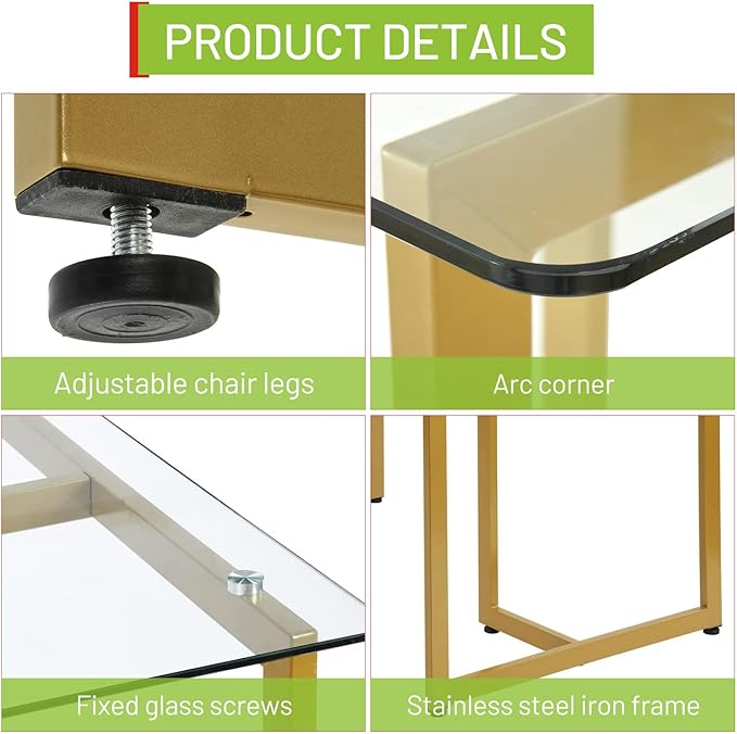 FurnitureR Tempered Glass Dining 47.2 inches Dinner Table for 4-6 Persons Modern Rectangular Spacious Tabletop & Gold Legs Elegant for Home Kitchen Living Room Restaurant, 47 Inches - LeafyLoom