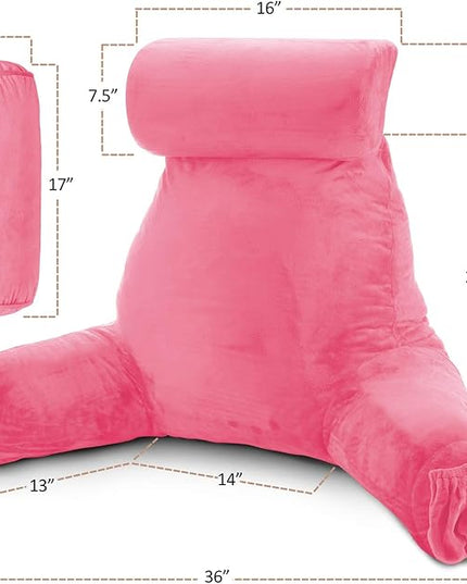 Clara Clark Reading Pillow, Large Back Pillow for Sitting Up in Bed, Memory Foam Back Support Pillow, Reading Pillows for Sitting in Bed Adult, Light Pink Sit Up Pillow for Bed with Arms and Pockets - LeafyLoom