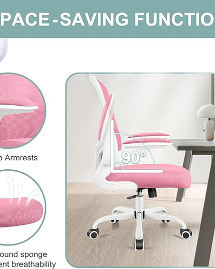 Ergonomic Office Chair, Lumbar Support Desk Chair with Flip-up Armrest and Breathable Mesh, Height Adjustable Swivel Office Chair Pink - LeafyLoom