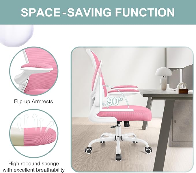 Ergonomic Office Chair, Lumbar Support Desk Chair with Flip-up Armrest and Breathable Mesh, Height Adjustable Swivel Office Chair Pink - LeafyLoom
