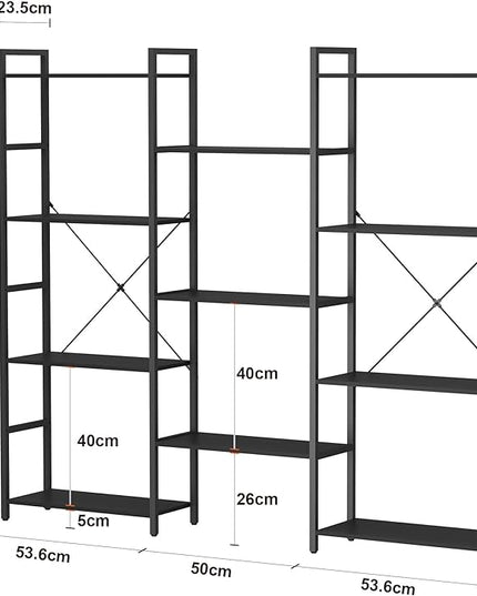 Panana Triple 4 tier bookshelf, Industrial Bookcase with 11 Open Display Shelves Wide Book Shelf Book Case with Metal Frame for Living Room Home Office (Black) - LeafyLoom