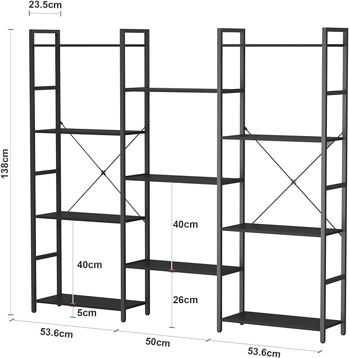 Panana Triple 4 tier bookshelf, Industrial Bookcase with 11 Open Display Shelves Wide Book Shelf Book Case with Metal Frame for Living Room Home Office (Black) - LeafyLoom