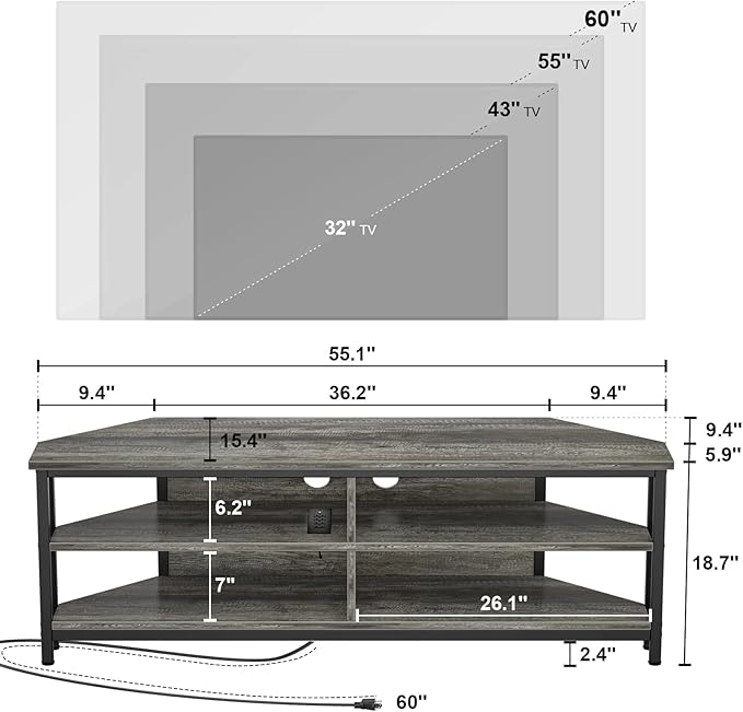 Unikito Corner TV Stand with Power Outlet, Corner Entertainment Center Media TV Console Table with 4 Open Storage Cabinet Shelve Wood TV Stand for Living Room For 55 inch TV, Gray Oak - LeafyLoom