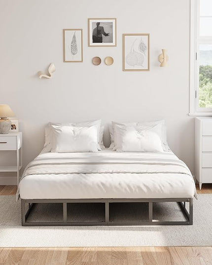 Queen Bed Frame, 9 Inch High Metal Box Spring with More Steel Slats Support, Sturdy Platform Bedframe Low to Floor, 3500 Lbs Weight Capacity Heavy Duty Mattress Base, Easy Assembly, Black - LeafyLoom