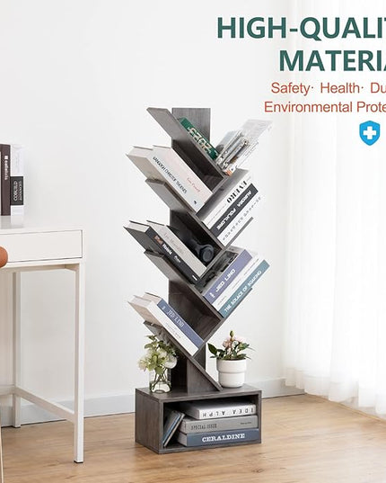 Yoobure Tree Bookshelf - 6 Shelf Retro Floor Standing Bookcase, Tall Wood Book Storage Rack for CDs/Movies/Books, Utility Book Organizer Shelves for Bedroom, Living Room, Home Office, Grey - LeafyLoom