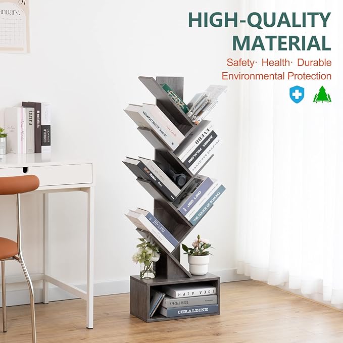 Yoobure Tree Bookshelf - 6 Shelf Retro Floor Standing Bookcase, Tall Wood Book Storage Rack for CDs/Movies/Books, Utility Book Organizer Shelves for Bedroom, Living Room, Home Office, Grey - LeafyLoom