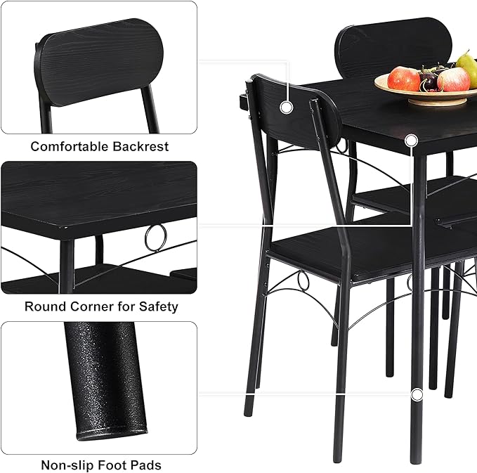 VECELO Dining Table Set for 4, 5 Piece Dinette with Chairs for Kitchen, Breakfast Nook and Small Space, 43.3", Black - LeafyLoom