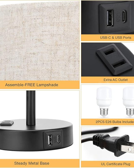 Mini Bedside Lamps for Bedrooms Set of 2 - Nightstand Bedroom Lamps with USB C Port and AC Outlet Charging, Dimmable Touch Small Bed Side Table Lamp, Black Night Stand Light for Kids/Guest Room - LeafyLoom