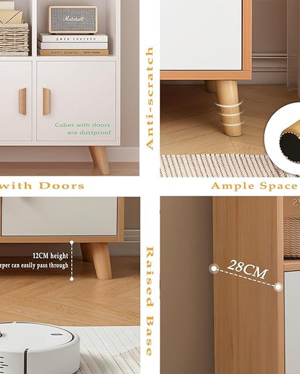 Cubby Shelf Bookcase with Doors - Wooden 11 Cube Floor Standing Open Bookshelf with Solid Wood Legs, 3-Tier Storage Cabinet, Warm White - LeafyLoom