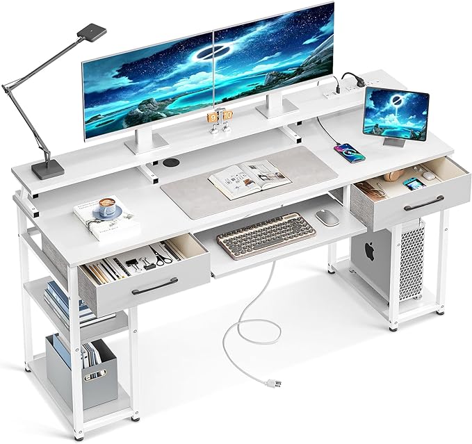 ODK Computer Desk with Drawers & Power Outlet, 63 Inch Office Desk with Keyboard Tray & Storage Shelves & PC Stand, Large Office Table Work Desk with Monitor Stand, White - LeafyLoom