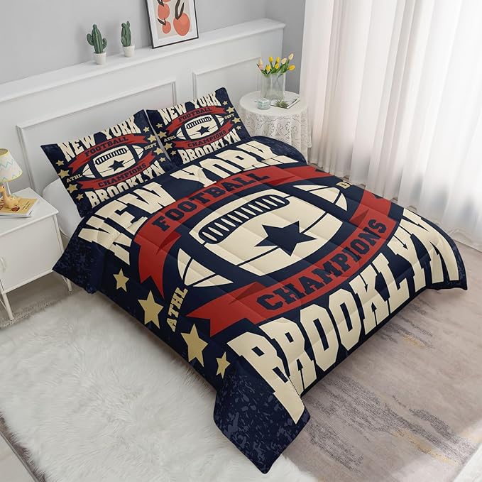 Datura home Football Comforter Sets for Boys Kids,Red Blue Theme Beige Football Championship,Duvet 3Pcs in Quilt Sets with 1 Comforter and 2 Pillowcases All Season(Red Full) - LeafyLoom