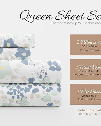 Linen Market 4 Piece Queen Bedding Sheet Set (Light Blue Violets) - Sleep Better Than Ever with These Ultra-Soft & Cooling Bed Sheets for Your Queen Size Bed - Deep Pocket Fits 16" Mattress - LeafyLoom