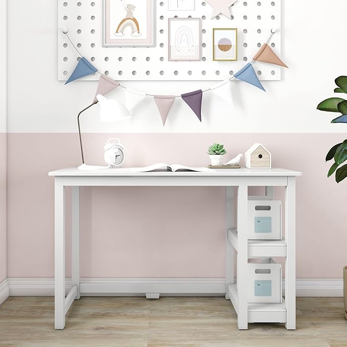 Max & Lily Solid Wood Desk With Shelves, 47 Inches, White - LeafyLoom