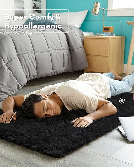 Ophanie Black Machine Washable 3 x 5 Feet Rugs for Bedroom, Fluffy Shaggy Bedside Floor Dorm Area Rug, Soft Fuzzy Non-Slip Indoor Room Carpet for Kids Boys Girls Teen Home Decor Aesthetic, Nursery - LeafyLoom