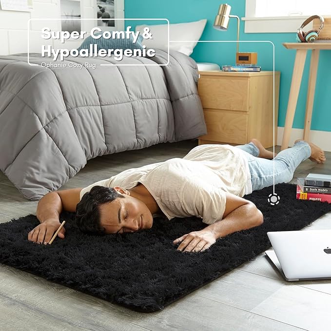 Ophanie Black Machine Washable 3 x 5 Feet Rugs for Bedroom, Fluffy Shaggy Bedside Floor Dorm Area Rug, Soft Fuzzy Non-Slip Indoor Room Carpet for Kids Boys Girls Teen Home Decor Aesthetic, Nursery - LeafyLoom