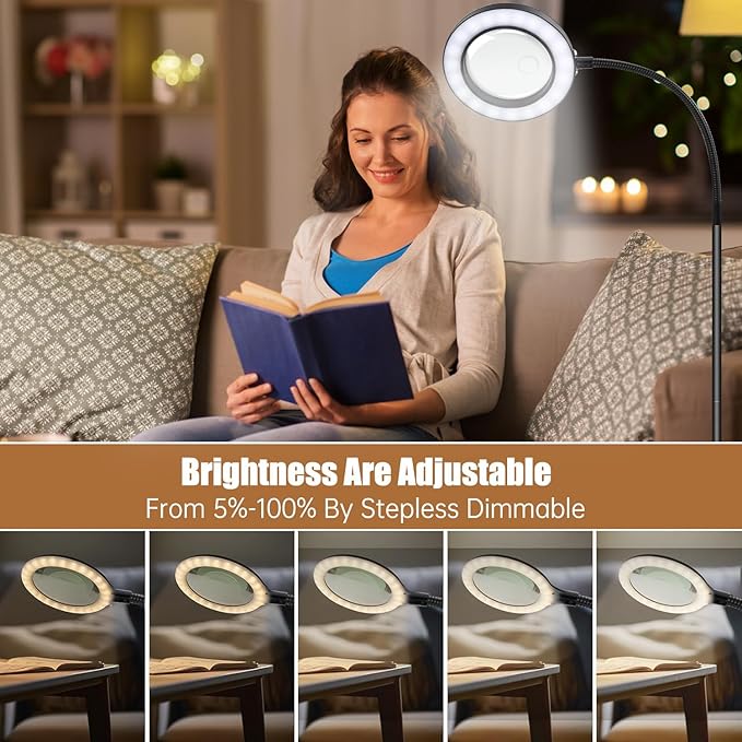 5X 10X Magnifying Glass with Light and Stand, 2-in-1Magnifying Floor Lamp with 36 Adjustable Brightness LED, Flexible Gooseneck Floor Standing Magnifying Lamp for Close Work, Craft, Reading - LeafyLoom