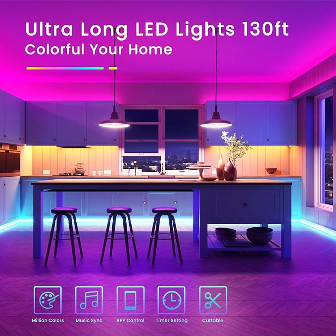 TJOY 130ft Bluetooth LED Strip Lights, RGB Color Changing, Music Sync, App Control, Indoor Usage, 5050 SMD, 2 Rolls, for Bedroom Kitchen TV Party (APP+Remote +Mic) TJOY