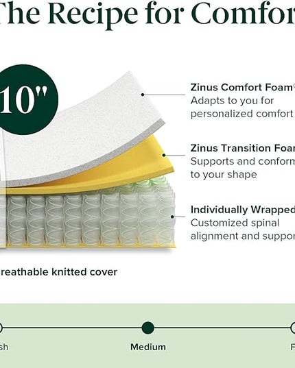 Zinus 10 Inch True Support Hybrid Mattress [New Version], Queen, Fiberglass Free, Medium Feel, Motion Isolation, Certified Safe Foams & Fabric, Mattress in A Box - LeafyLoom