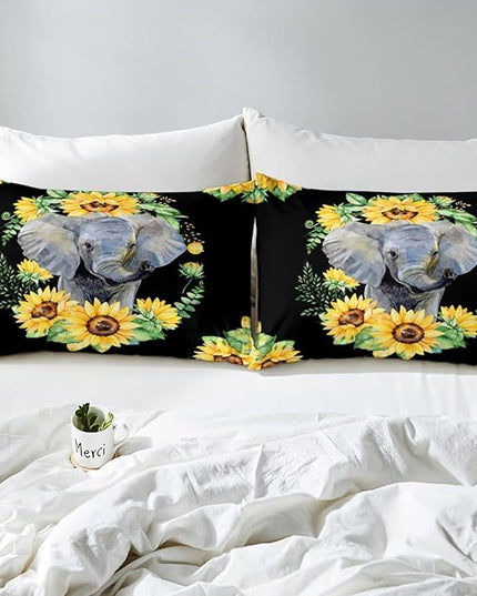 Elephant Comforter Set, Yellow Sunflower Down Comforter Full Size for Kids Girls Teens Adult Bedroom Decor, African Safari Animal Duvet Sets Floral Petal Country Bedding Set with 2 Pillow Cases - LeafyLoom