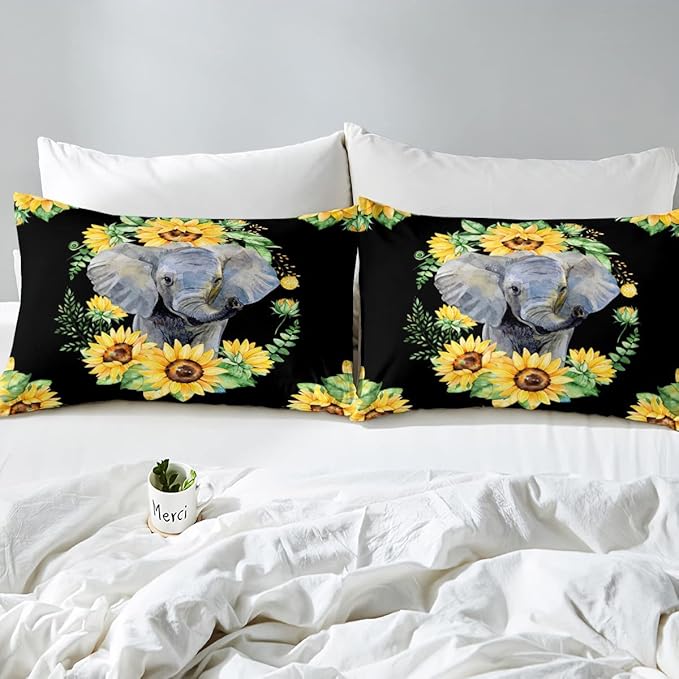 Elephant Comforter Set, Yellow Sunflower Down Comforter Queen Size for Kids Girls Teens Adult Bedroom Decor, African Safari Animal Duvet Sets Floral Petal Country Bedding Set with 2 Pillow Cases - LeafyLoom