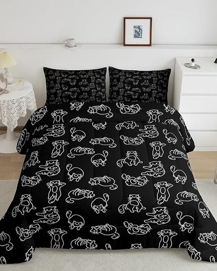 Cartoon Cat Bed Sheet Set Cute Pet Cats Kids Comforter Set Animal Pattern Printed Bedding Set Set for Boys Room Decor Kitten Print Bed Cover Full Size with 3 Pillow Case - LeafyLoom
