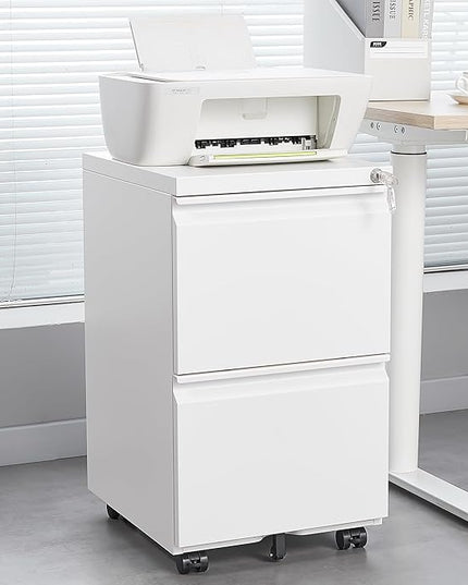 2 Drawer Mobile Lock and Casters,Pre-Assembled Metal Office Storage Filing Cabinets w/Anti-Dumping Fifth Round,for Letter/Legal/A4 Size,White - LeafyLoom