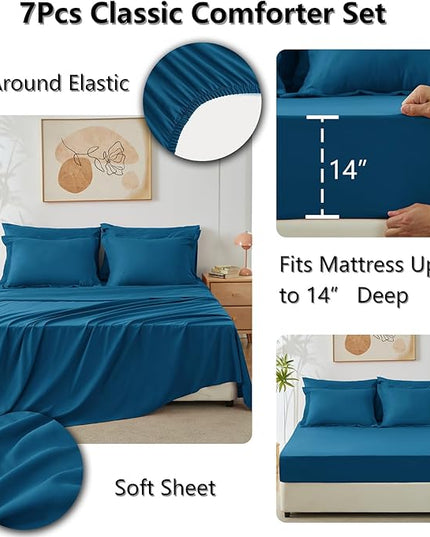 CozyLux Queen Bed in a Bag 7-Pieces Comforter Sets with Comforter and Sheets Teal All Season Bedding Sets with Comforter, Pillow Shams, Flat Sheet, Fitted Sheet and Pillowcases - LeafyLoom
