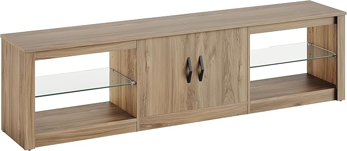 Bestier 70 inch Gaming Entertainment Center with Adjustable Glass Shelves for 75 inch TV, Large Led TV Stand with Two Cabinets, Modern Television Stand for Living Room, Bedroom, Pinewood - LeafyLoom