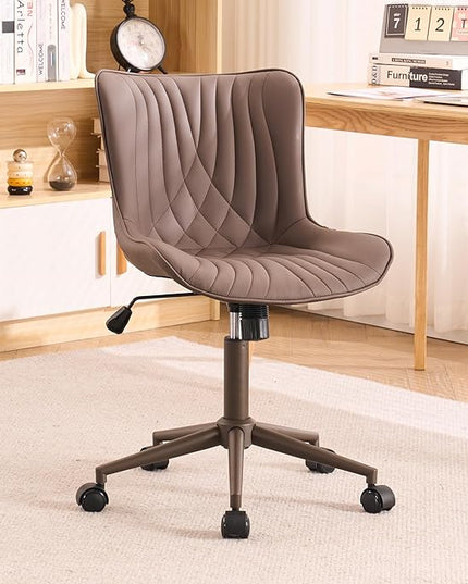 YOUTASTE Dark Brown Office Chair Modern Armless Desk Chair with Wheels Adjustable Swivel Rocking Rolling Computer Study Chairs Faux Leather Sewing Chairs with Back Stylish Vanity Chair - LeafyLoom