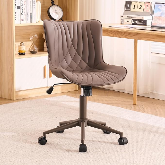 YOUTASTE Dark Brown Office Chair Modern Armless Desk Chair with Wheels Adjustable Swivel Rocking Rolling Computer Study Chairs Faux Leather Sewing Chairs with Back Stylish Vanity Chair - LeafyLoom