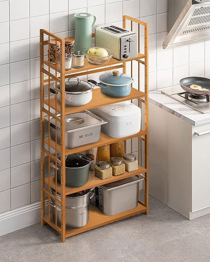 IOTXY Bamboo Open Bookshelf - Small 5-Tier Free-Standing Storage Rack, Multifunctional Display Stand for Bookcase, Home and Office, Light Brown - LeafyLoom