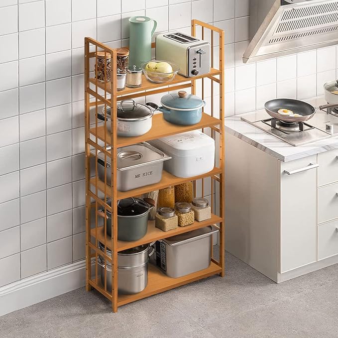 IOTXY Adjustable Bamboo Open Bookshelf - Medium 4-Tier Free Standing Storage Rack, Multifunctional Display Stand for Bookcase, Home and Office, Light Brown - LeafyLoom