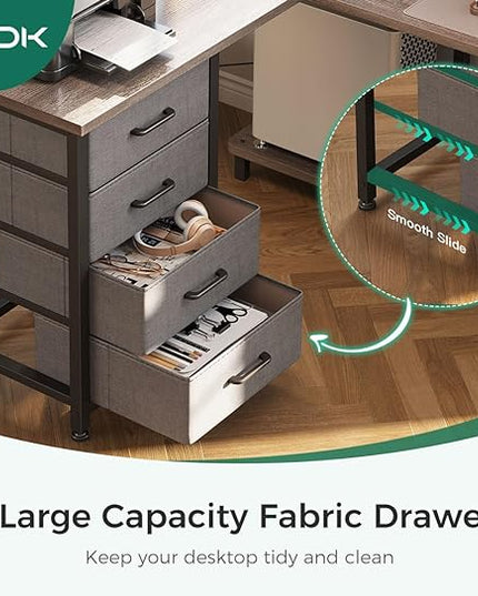 AODK L Shaped Desk with 4 Tier Drawers, 53" Reversible Gaming Desk with Power Outlets, L Shaped Computer Desk with USB Charging Port and Host Stand, Home Office Corner Desk, Easy to Assemble, Grey Oak - LeafyLoom