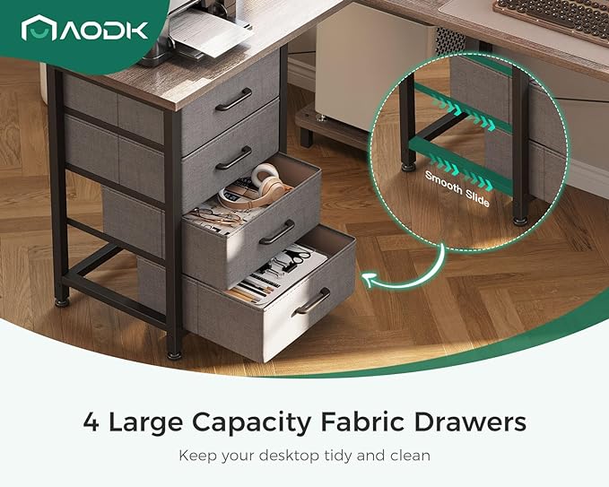 AODK L Shaped Desk with 4 Tier Drawers, 53" Reversible Gaming Desk with Power Outlets, L Shaped Computer Desk with USB Charging Port and Host Stand, Home Office Corner Desk, Easy to Assemble, Grey Oak - LeafyLoom