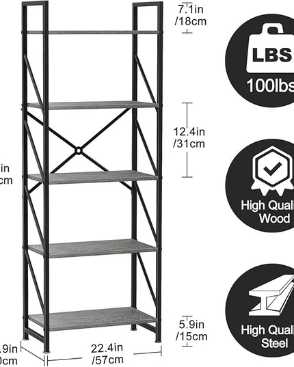 5 Tiers Bookcase Shelf,Industrial Rustic Storage Rack with Shelves,Wood Tall Bookshelf Open Shelf,Farmhouse Bookshelf Book Case for Bedroom/Living Room/Home Office,Gray - LeafyLoom