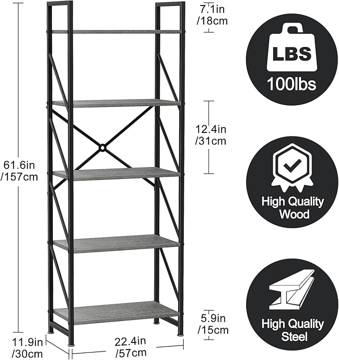 5 Tiers Bookcase Shelf,Industrial Rustic Storage Rack with Shelves,Wood Tall Bookshelf Open Shelf,Farmhouse Bookshelf Book Case for Bedroom/Living Room/Home Office,Gray - LeafyLoom