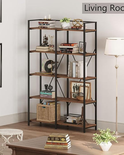 BON AUGURE Industrial Bookshelves and Bookcases, Farmhouse Large Book Shelves, 5 Tier Heavy Duty Open Bookcase, Tall Wood Metal Shelving Unit for Living Room, Bedroom, Office (Rustic Oak) - LeafyLoom