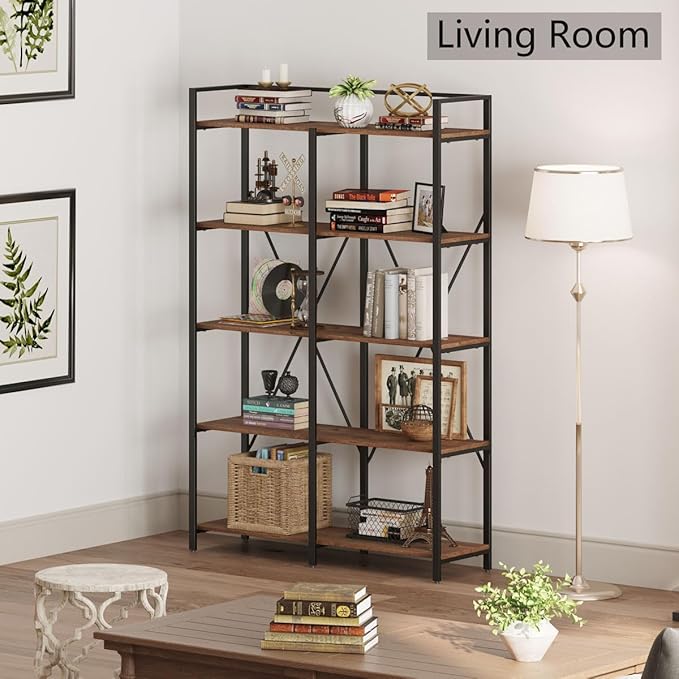 BON AUGURE Industrial Bookshelves and Bookcases, Farmhouse Large Book Shelves, 5 Tier Heavy Duty Open Bookcase, Tall Wood Metal Shelving Unit for Living Room, Bedroom, Office (Rustic Oak) - LeafyLoom