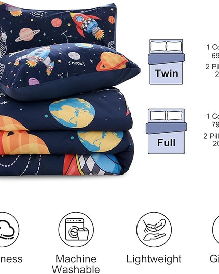 Aimuan Space Bedding Set Kid Rocket Comforter Set Full Size Super Soft & Cute Aliens UFO Printed Quilt Set for Teen Boys Girls (Navy, Full) - LeafyLoom
