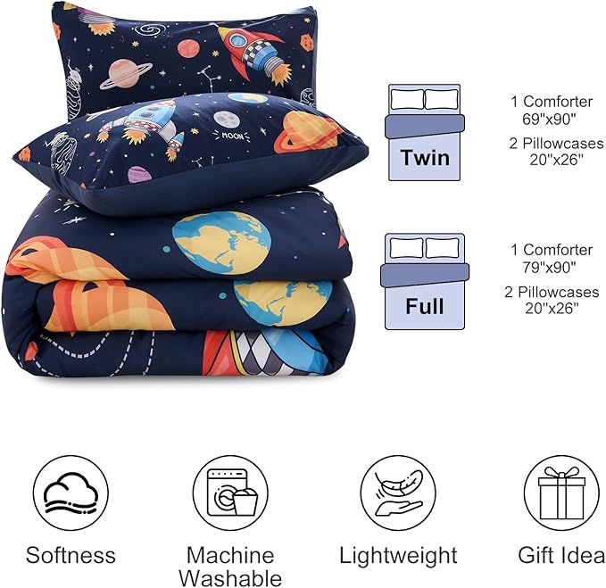 Aimuan Space Bedding Set Kid Rocket Comforter Set Full Size Super Soft & Cute Aliens UFO Printed Quilt Set for Teen Boys Girls (Navy, Full) - LeafyLoom