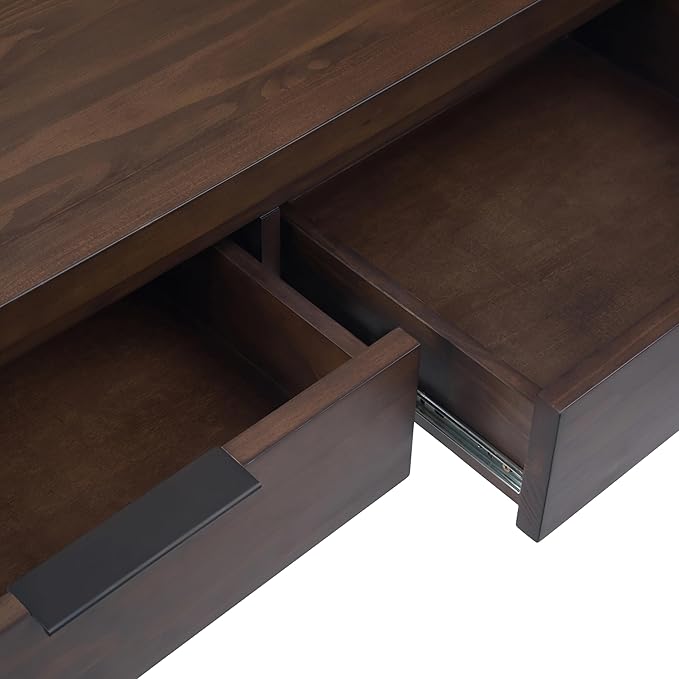 SIMPLIHOME Hollander SOLID WOOD 60 inch Wide Wide Console Sofa Entryway Table in Warm Walnut Brown with Storage, 3 Drawers , for the Living Room, Entryway and Bedroom - LeafyLoom