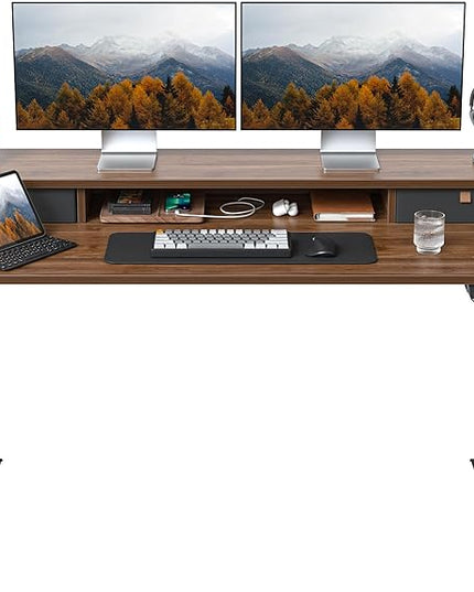 FEZIBO 55 x 24 Inch Height Adjustable Electric Standing Desk with Double Drawer, Stand Up Desk with Storage Shelf, Sit Stand Desk, Blcak Walnut - LeafyLoom