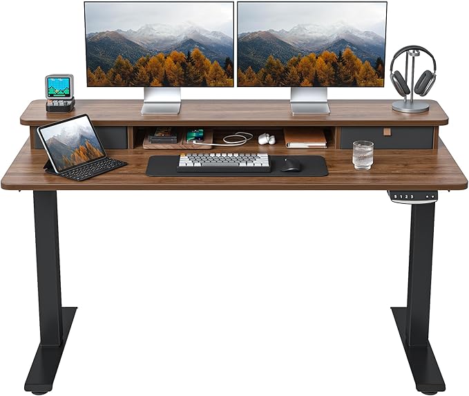 FEZIBO 55 x 24 Inch Height Adjustable Electric Standing Desk with Double Drawer, Stand Up Desk with Storage Shelf, Sit Stand Desk, Blcak Walnut - LeafyLoom