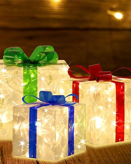 [Large 8.5"x7"x6" Christmas Set of 3 Lighted Gift Boxes Decorations Pre-lit 70 Super-Bright LED with Flashers,for Indoor Outdoor Christmas Tree Skirt Ornament Pathway Holiday Party Home GLOWNOVA