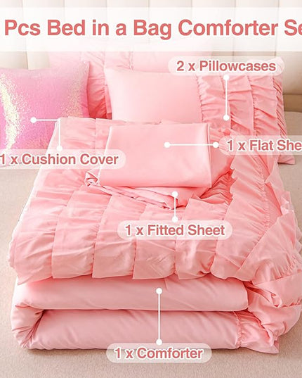 A Nice Night Waterfall Flutter Ruffle Comforter Set,Ruffled Textured Soft Chic Princess 6pcs Bedding Set,with Bling Shiny Sequin Throw Pillow Case,Pink,Full - LeafyLoom