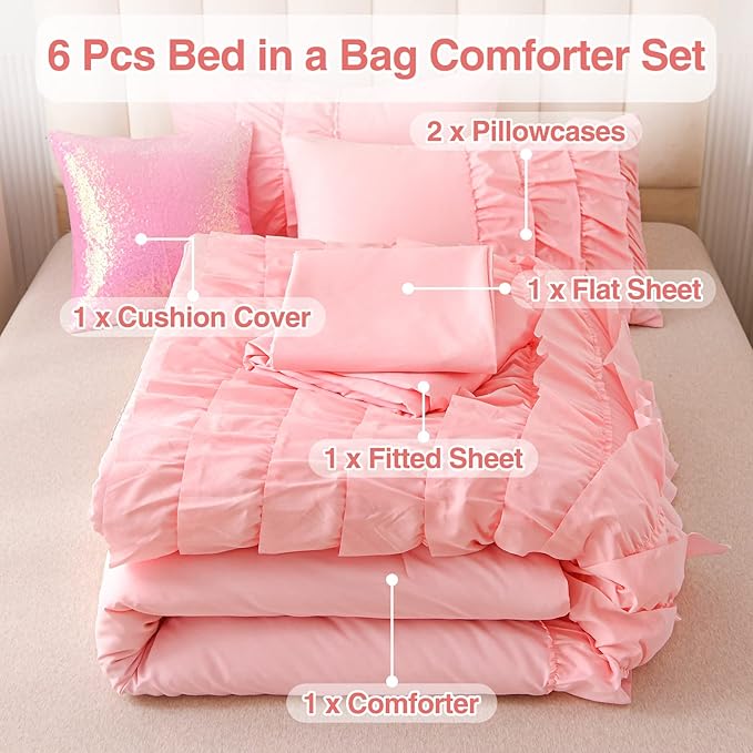 A Nice Night Waterfall Flutter Ruffle Comforter Set,Ruffled Textured Soft Chic Princess 6pcs Bedding Set,with Bling Shiny Sequin Throw Pillow Case,Pink,Queen - LeafyLoom