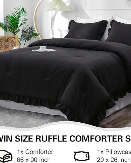 Black Double Ruffle Comforter Set Twin Size (66x90 Inch), 2 Pcs Farmhouse Vintage Comforter Set (1 Ruffled Comforter and 1 Pillowcase), Rustic All Season Down Alternative Bedding Set - LeafyLoom