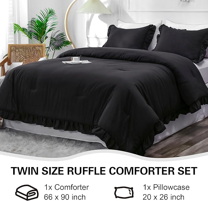 Black Double Ruffle Comforter Set Twin Size (66x90 Inch), 2 Pcs Farmhouse Vintage Comforter Set (1 Ruffled Comforter and 1 Pillowcase), Rustic All Season Down Alternative Bedding Set - LeafyLoom