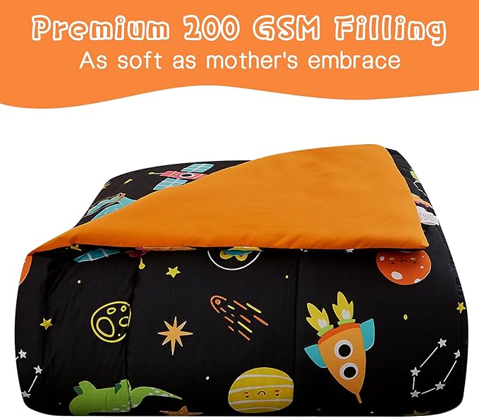 Space Dinosaur Kids Comforter Set for Boys Twin, Cute Reversible Quilted Black Printed Bedding Set with Pillow Sham, Lightweight Soft Breathable Machine Washable Bed Set 2 Piece - LeafyLoom