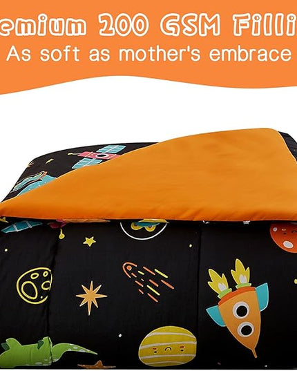 Space Dinosaur Kids Comforter Set for Boys Full Size, Cute Reversible Quilted Black Printed Bedding Set with Pillow Sham, Lightweight Soft Breathable Washable Bed Set 3 Piece - LeafyLoom